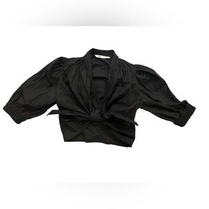Women’s Zara Black crop Top Puff Sleeve Tie Waist Blouse Size Small